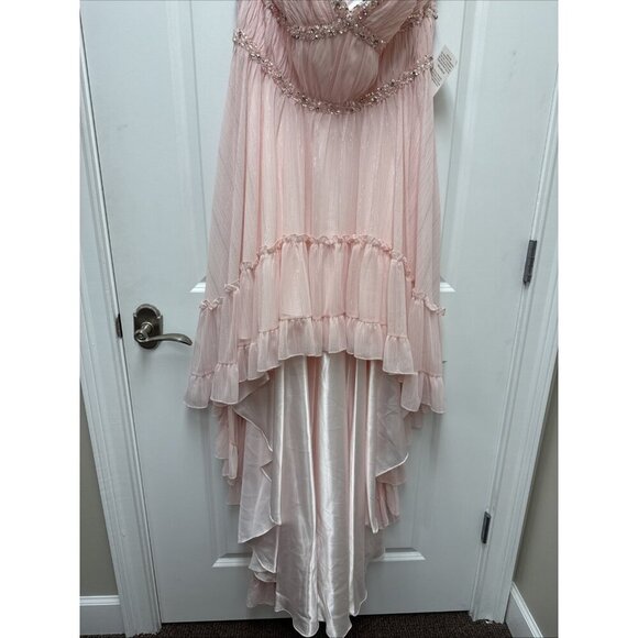 New Mac Duggal Size 12 Pink 68096 Beaded Strapless Ruffle High Low Gown Dress - Picture 7 of 12